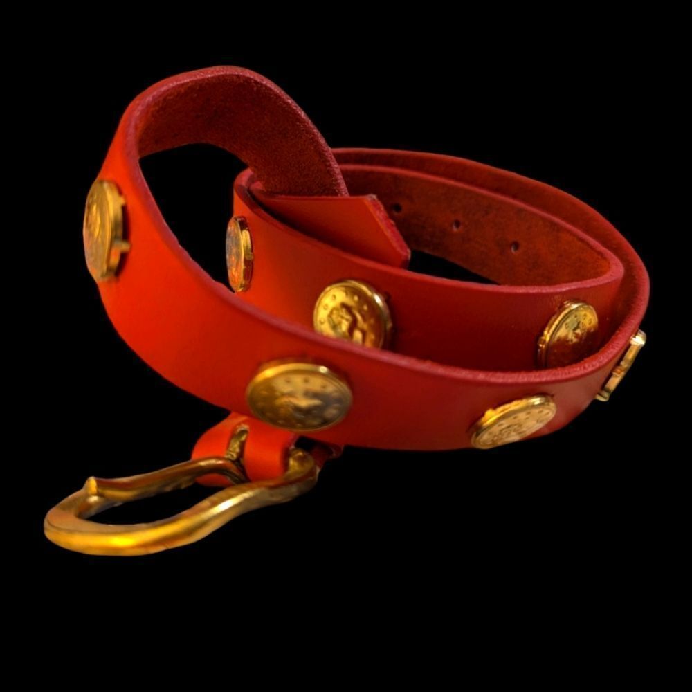 Women's Vintage red leather belt with gold tone coins lux